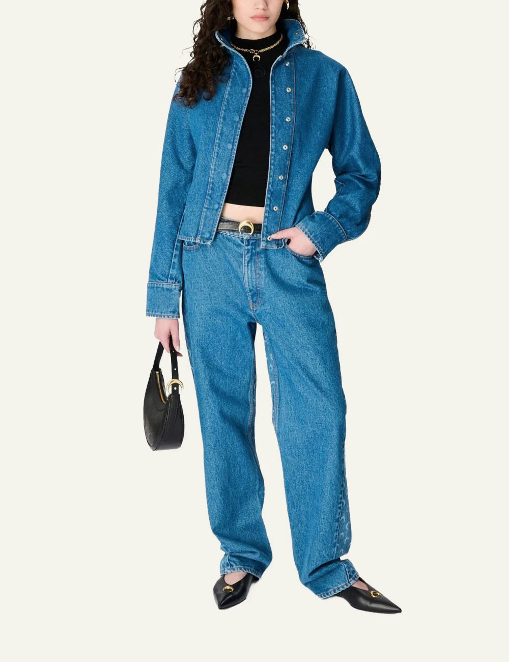 Marine Serre light blue denim shirt me lantern sleeves front full body view