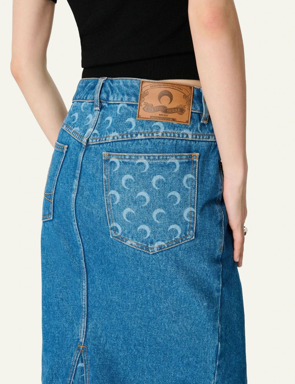 Marine Serre light blue denim midi skirt me crescent moon pattern back detail view