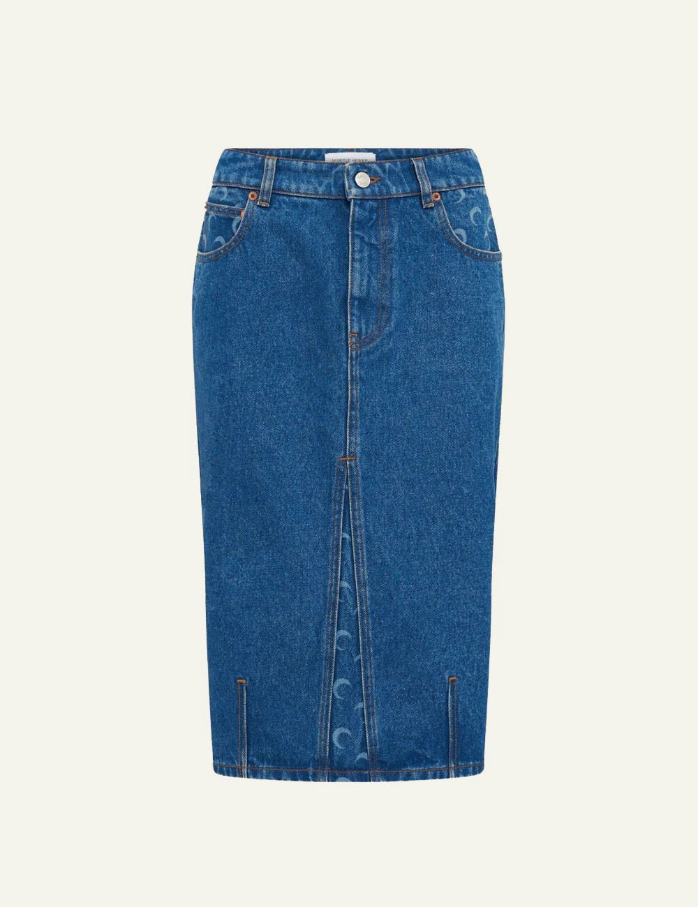 Marine Serre light blue denim midi skirt me crescent moon pattern front view