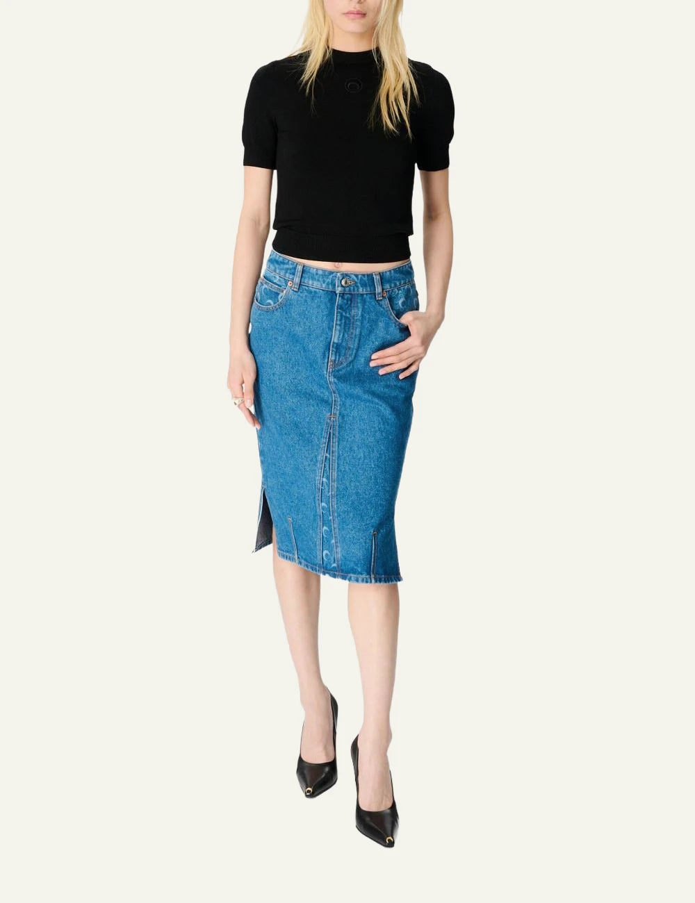 Marine Serre light blue denim midi skirt me crescent moon pattern front full body view