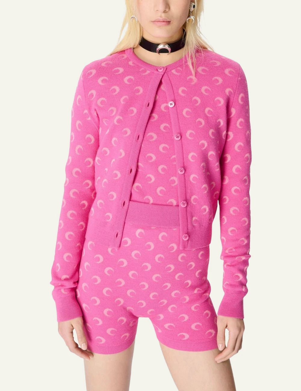 Marine Serre pink moon jacquard cardigan front detail view