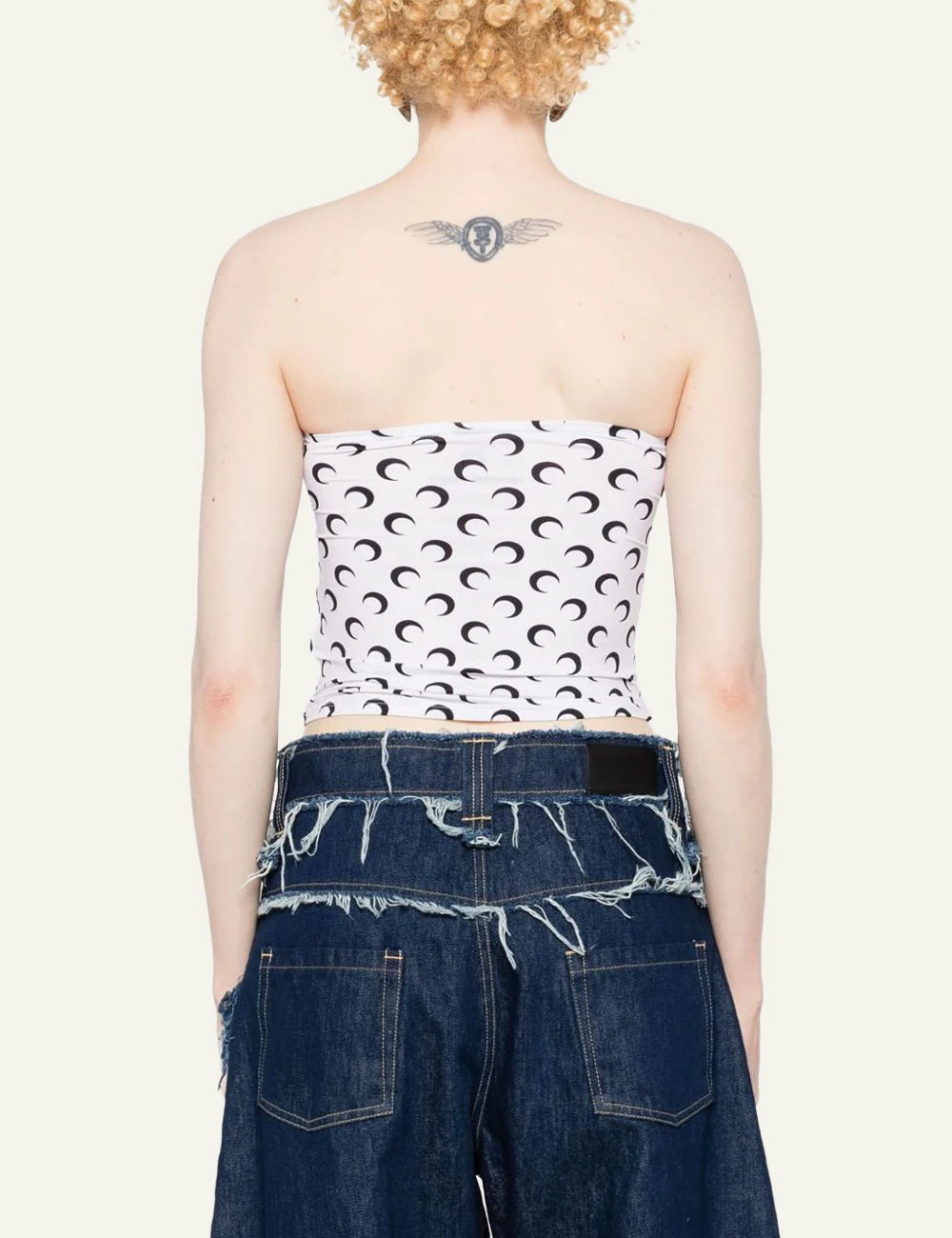 Marine Serre white black moon print strapless top back view