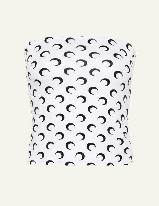 Marine Serre white black moon print strapless top front view