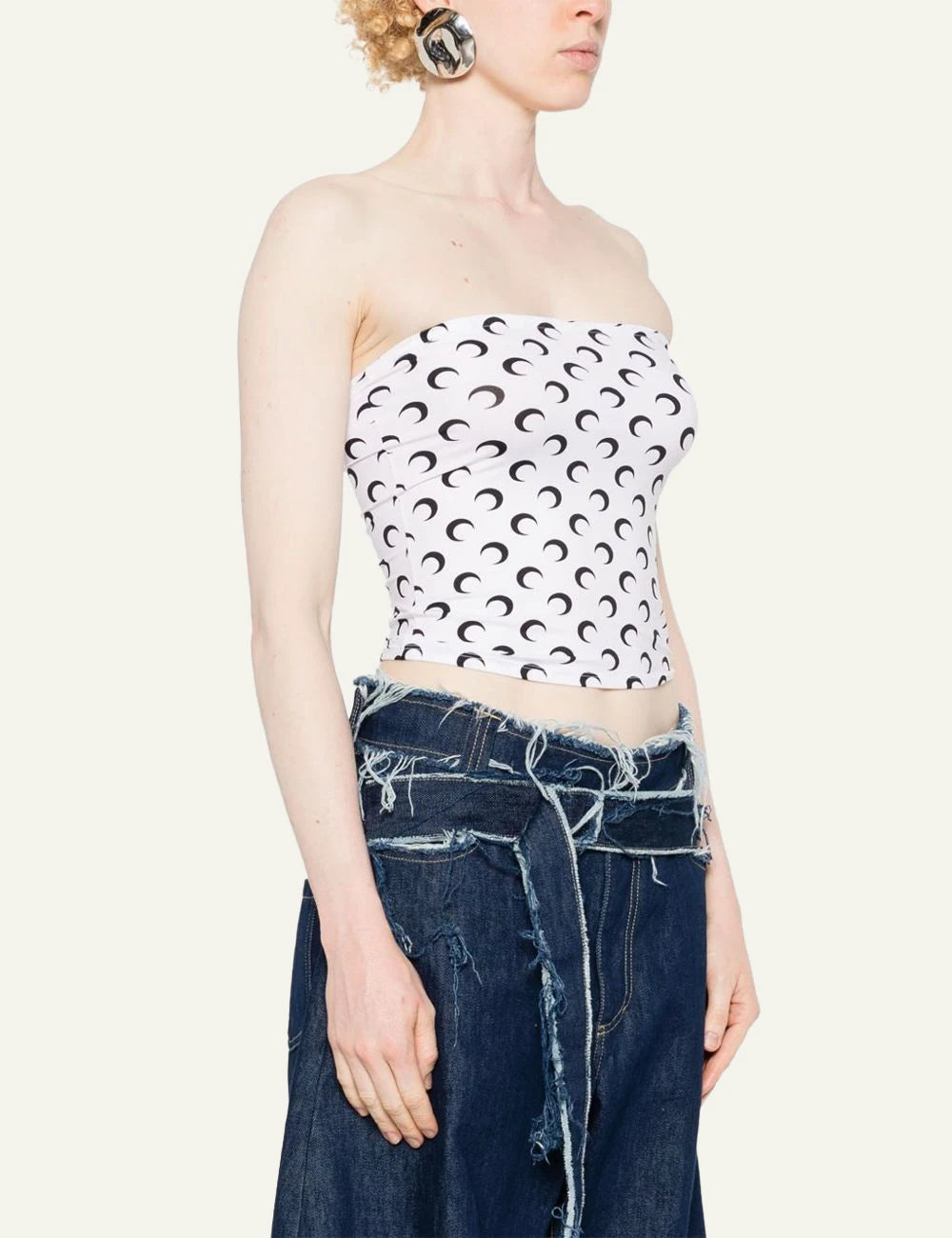 Marine Serre white black moon print strapless top side view