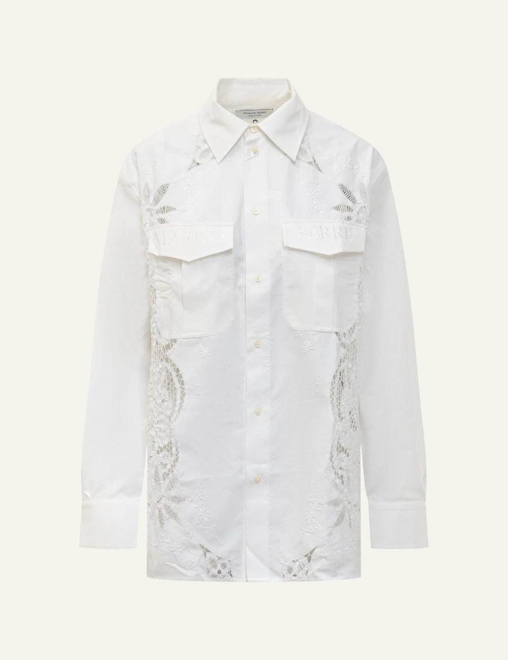 Marine Serre white embroidered lace shirt front view