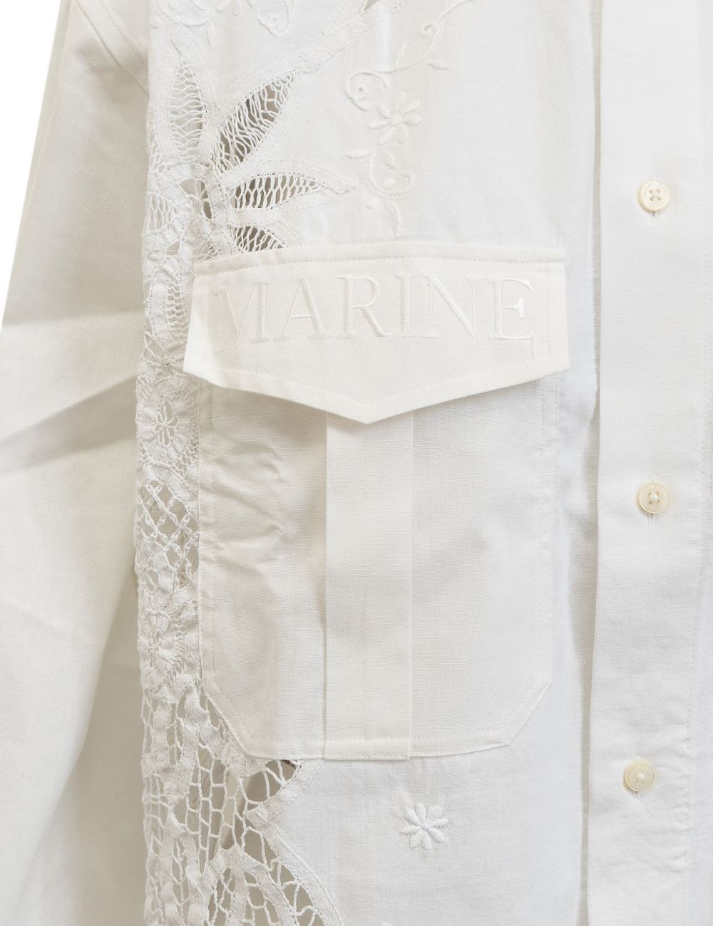 Marine Serre white embroidered lace shirt front detail view