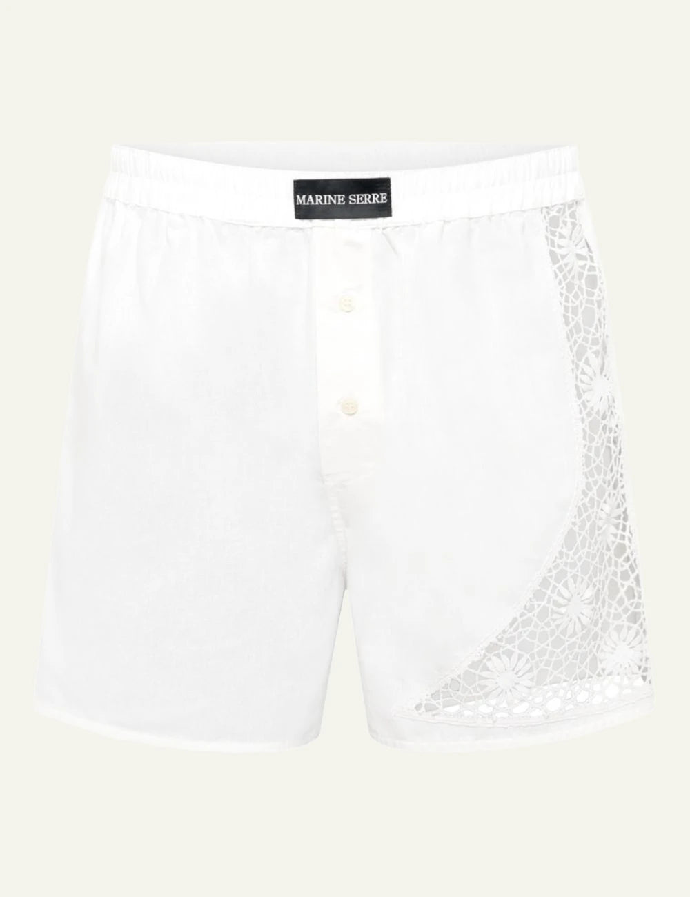 Marine Serre white lace patchwork shorts front view