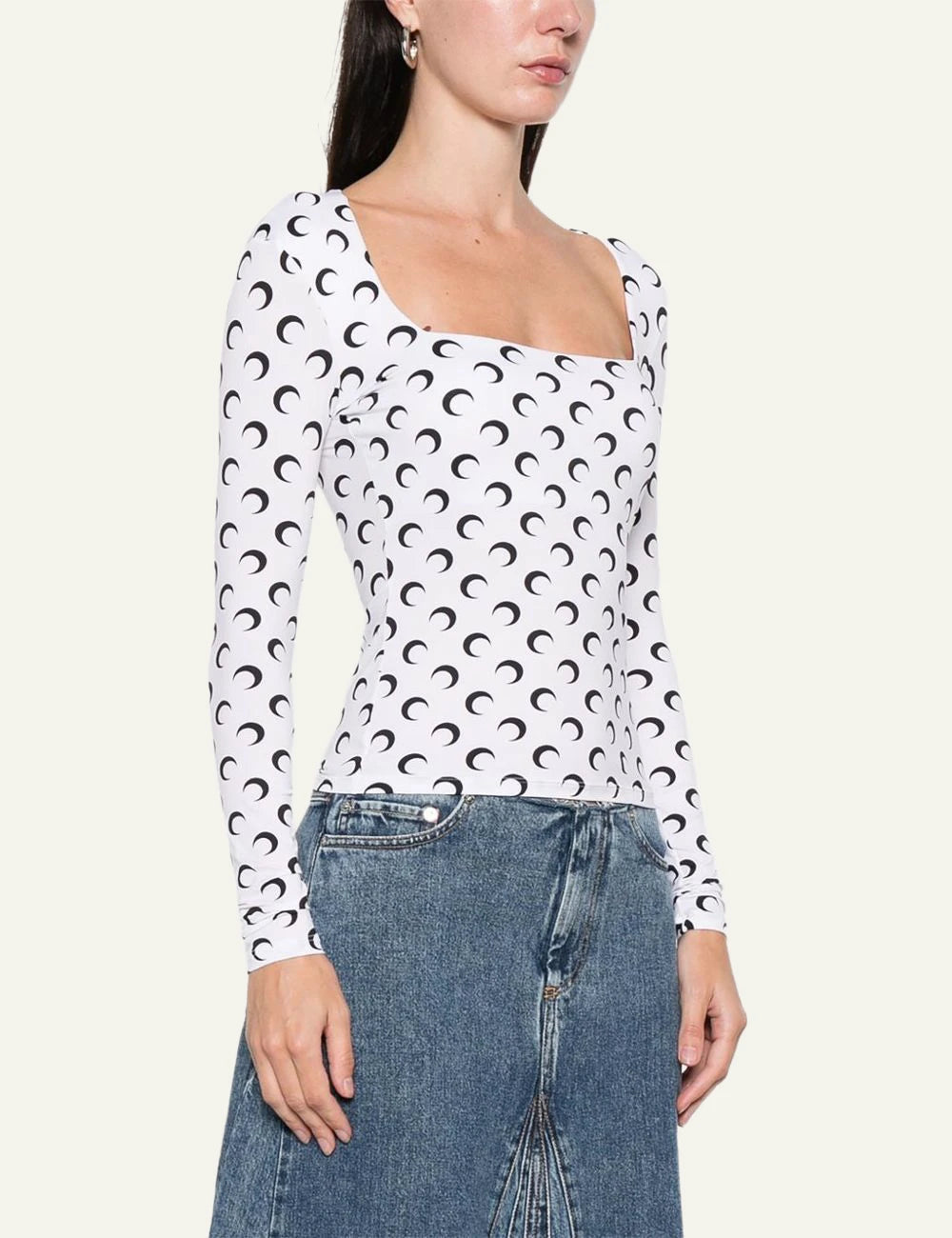 Marine Serre white moon pattern square neck long sleeve top side view