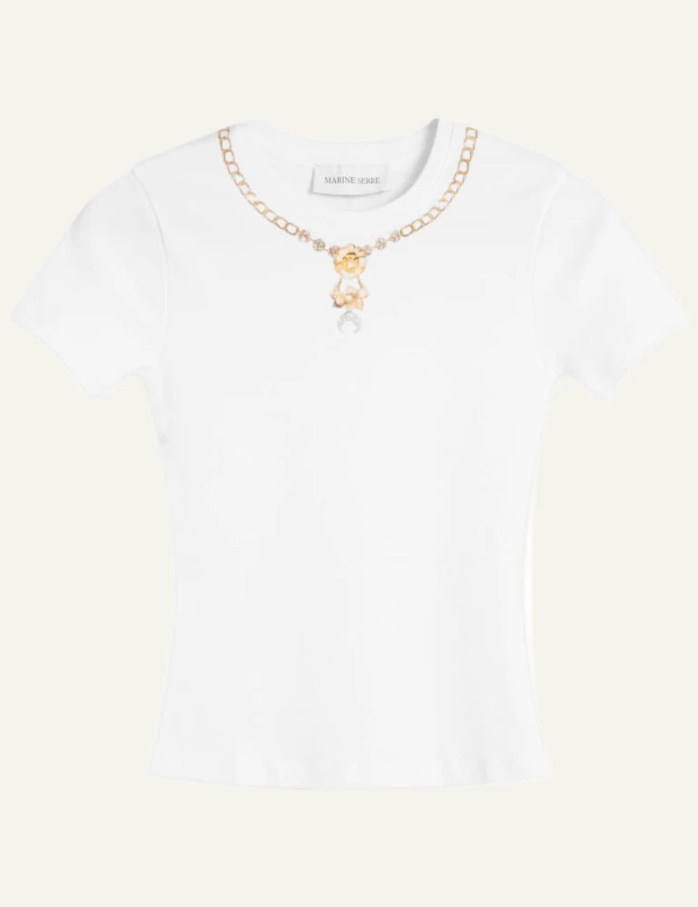 Marine Serre white baby fit t-shirt me necklace print front view