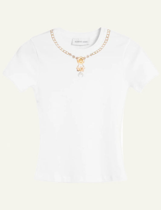 Marine Serre white baby fit t-shirt me necklace print front view