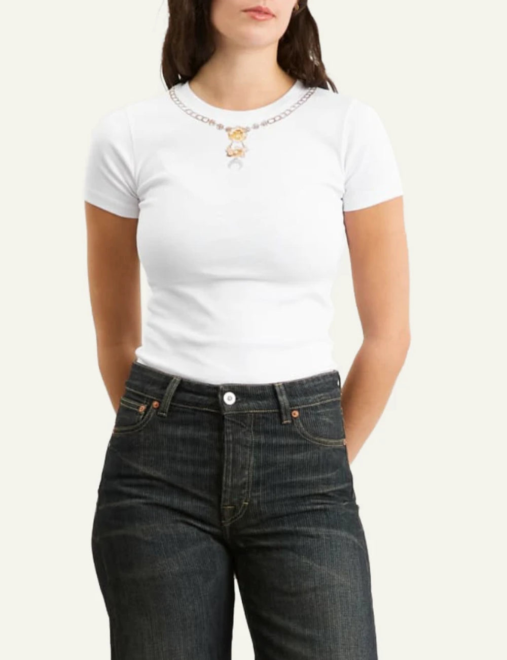 Marine Serre white baby fit t-shirt me necklace print front model view