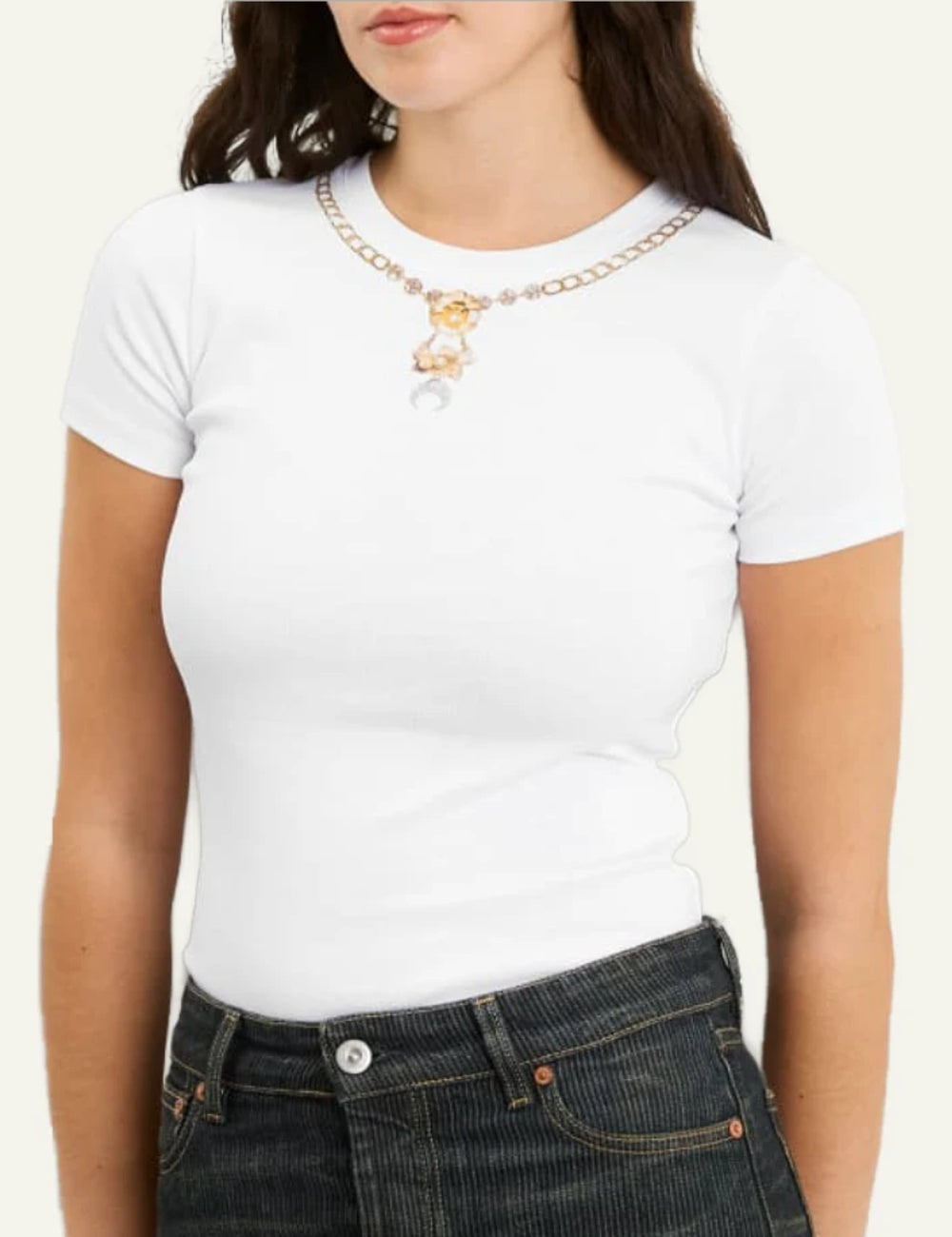 Marine Serre white baby fit t-shirt me necklace print front model view