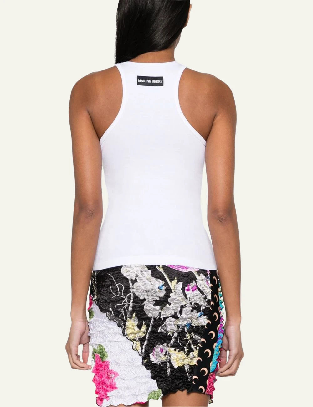 Marine Serre white ribbed tank top me crescent moon logo back view