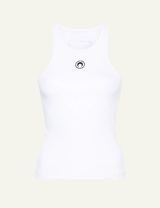Marine Serre white ribbed tank top me crescent moon logo front view