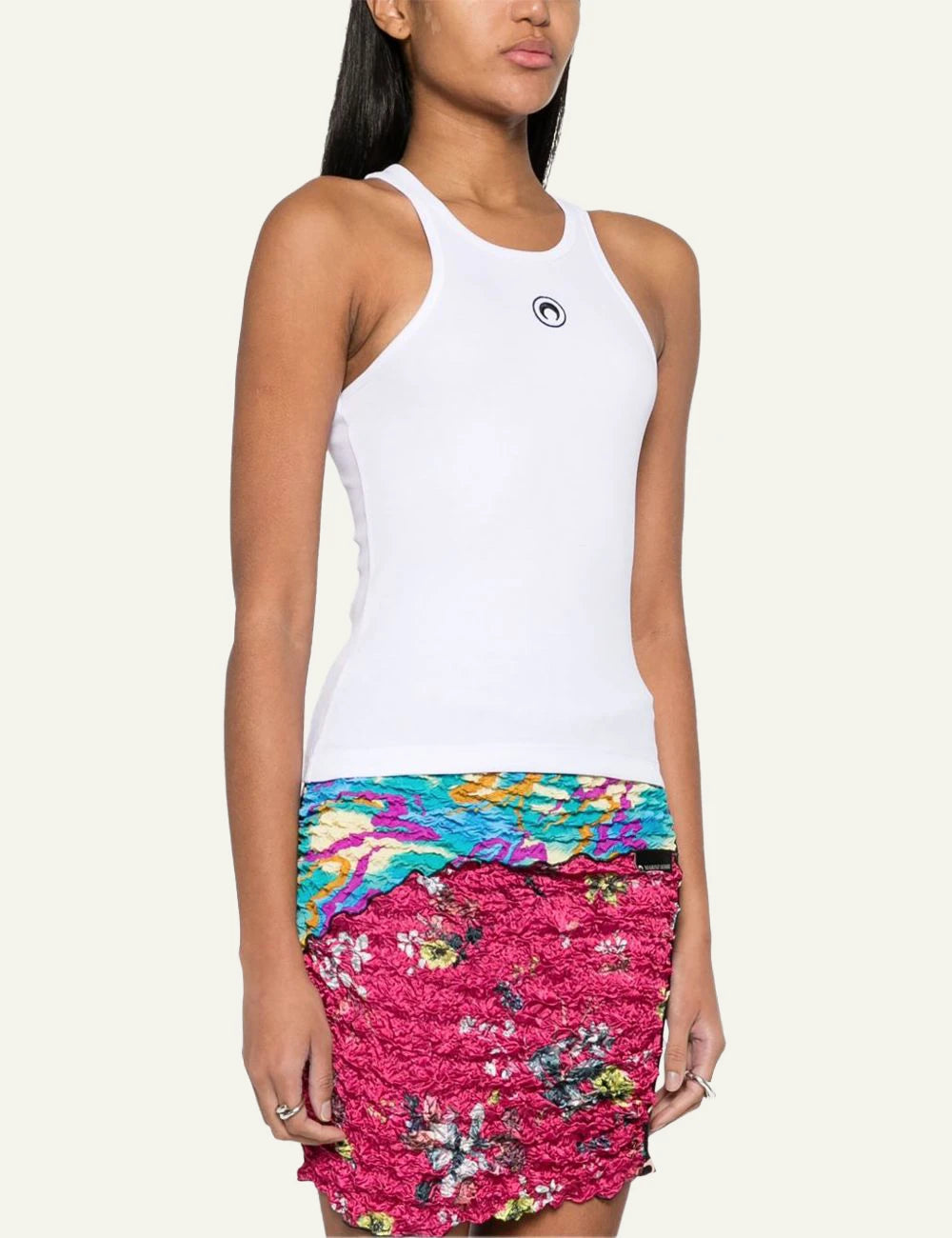Marine Serre white ribbed tank top me crescent moon logo side view