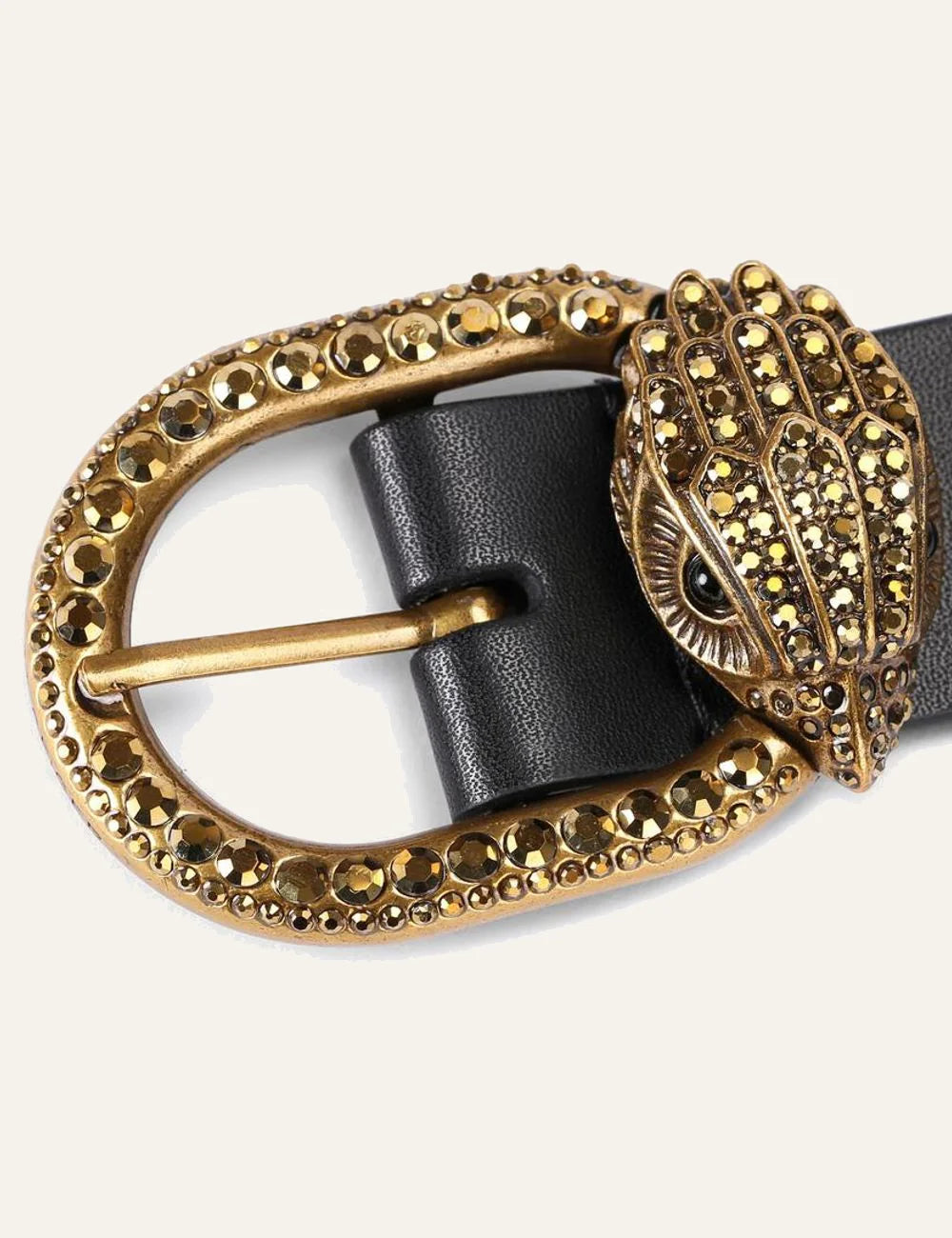 Kurt Geiger Mayfair belt black leather close-up σε αγκράφα με crystals και eagle head detail