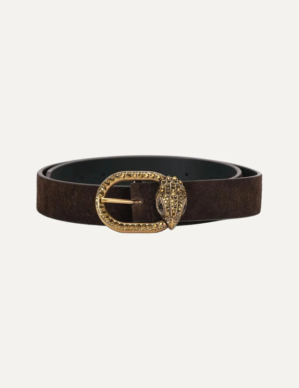 Kurt Geiger women's Mayfair 30 brown suede leather belt featuring an antiqued gold-tone oval buckle embellished with crystals and the signature crystal-encrusted eagle head emblem.