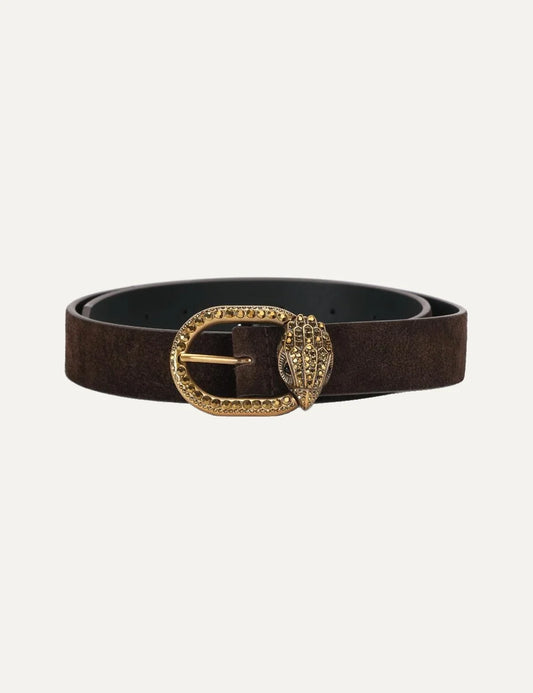 Kurt Geiger women's Mayfair 30 brown suede leather belt featuring an antiqued gold-tone oval buckle embellished with crystals and the signature crystal-encrusted eagle head emblem.