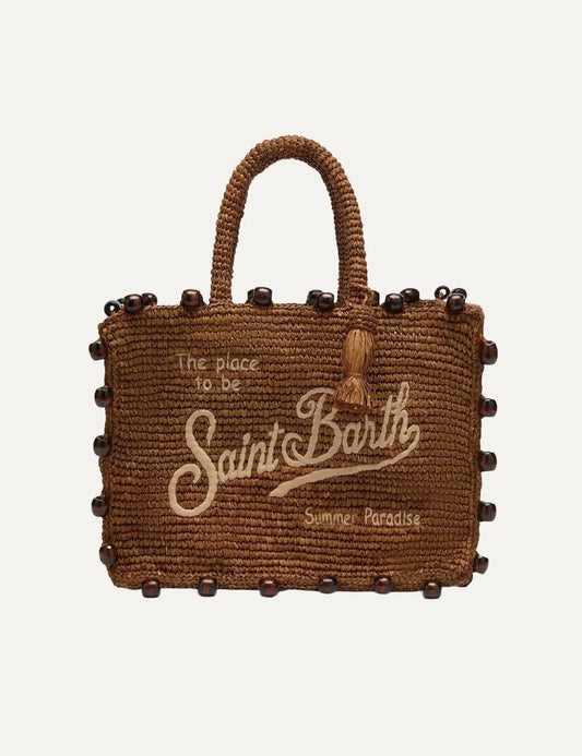 mc2 saint barth colette raffia bag brown beads logo front view