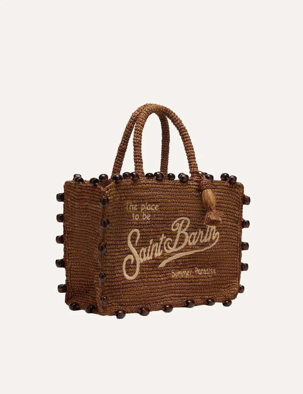 mc2 saint barth colette raffia bag brown beads logo side view
