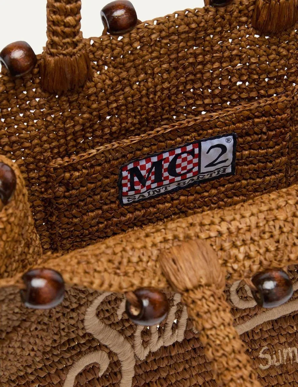 mc2 saint barth colette raffia bag brown beads logo top view