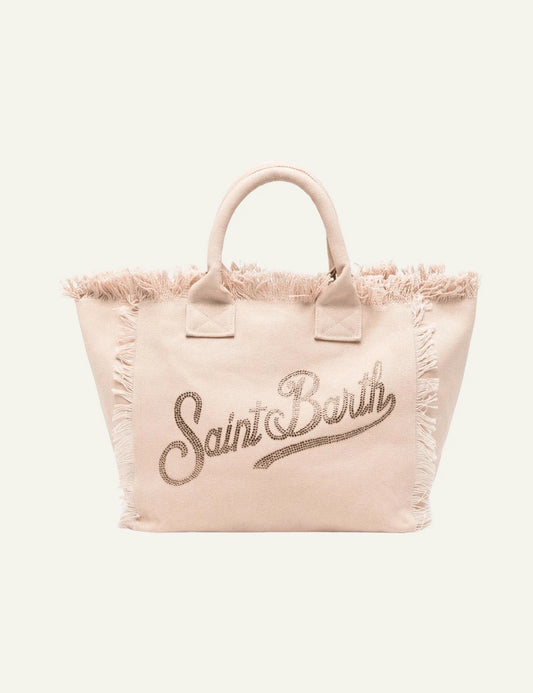MC2 Saint Barth beige canvas tsanta me strass logo front view