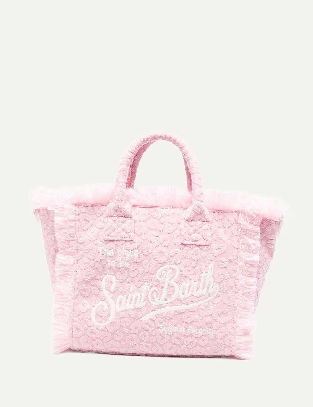 mc2 saint barth pink leopard tote bag fringes detail front view
