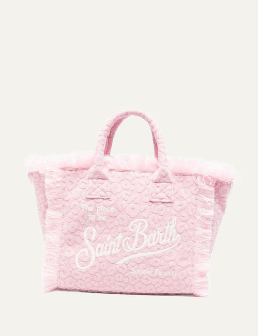 mc2 saint barth pink leopard tote bag fringes detail front view
