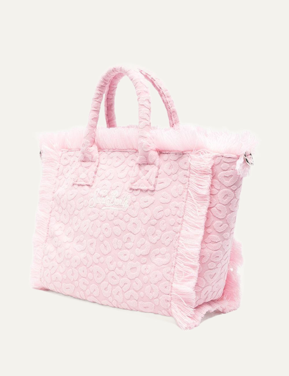 mc2 saint barth pink leopard tote bag fringes detail side view