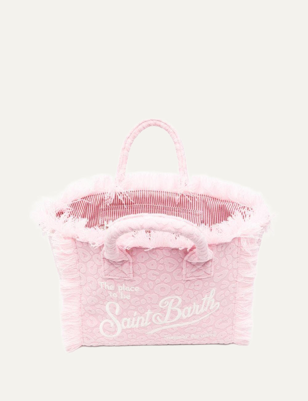 mc2 saint barth pink leopard tote bag fringes detail top view