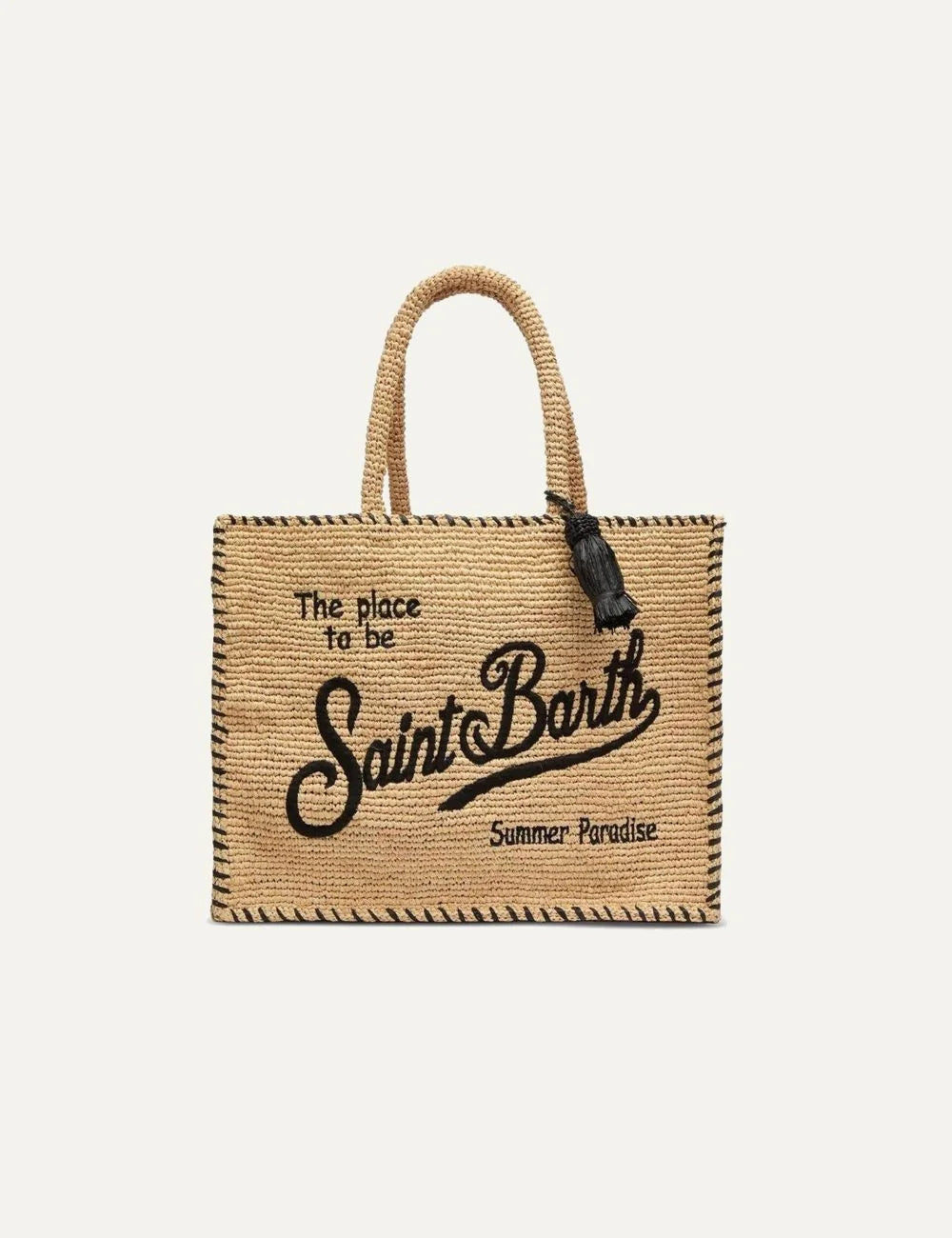 mc2 saint barth raffia tote bag beige black logo tassel front view