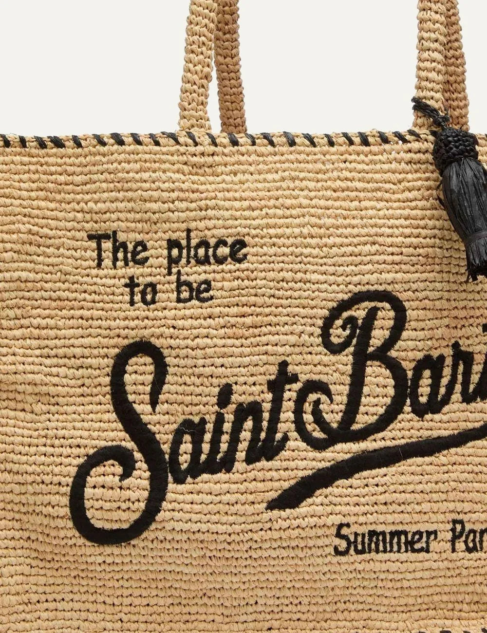 mc2 saint barth raffia tote bag beige black logo tassel front detail view