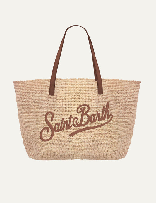 mc2 saint barth raffia city bag beige brown handles logo front view