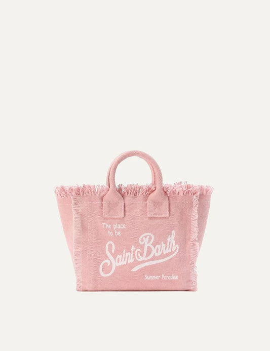 mc2 saint barth vanity mini canvas bag pink fringes logo front view