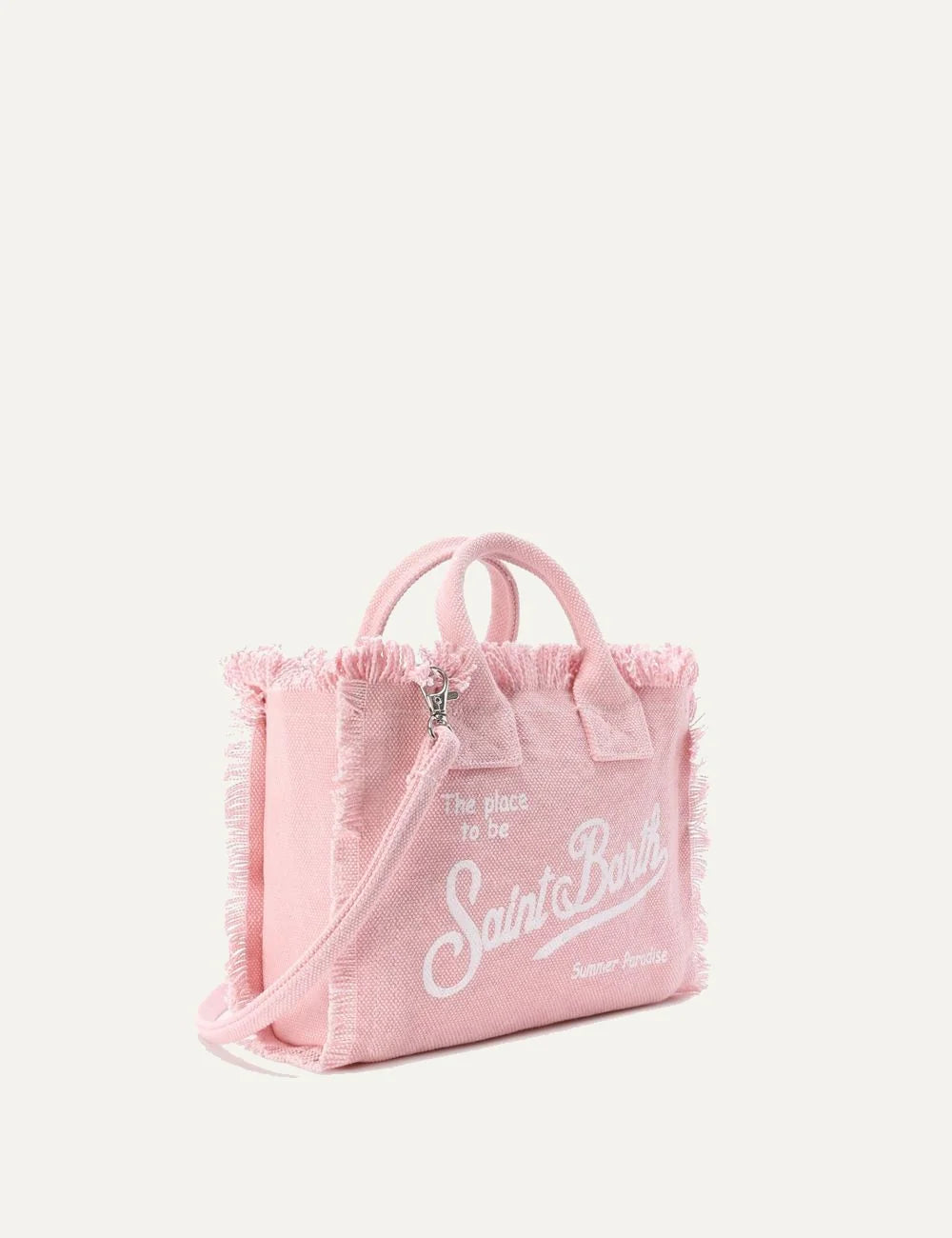 mc2 saint barth vanity mini canvas bag pink fringes logo side view