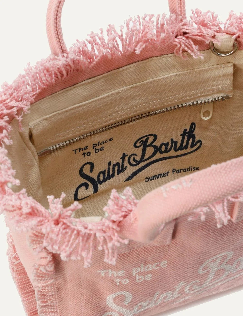 mc2 saint barth vanity mini canvas bag pink fringes logo top view