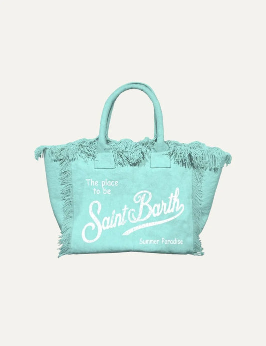 mc2 saint barth vanity mini canvas bag turquoise fringes logo front view
