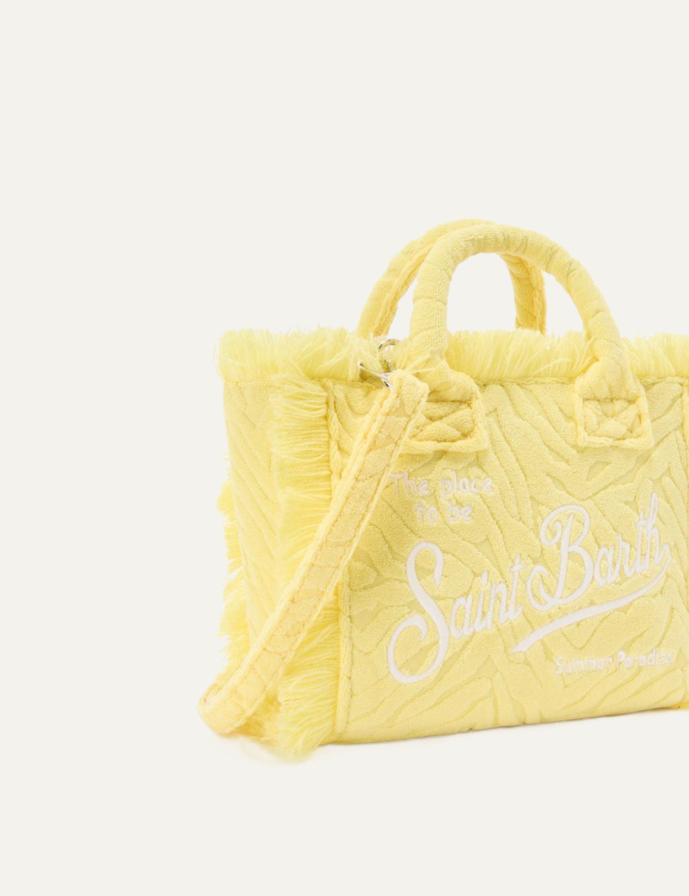 mc2 saint barth vanity mini nylon animal print bag yellow fringes front detail view