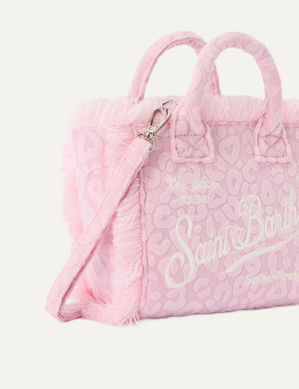 mc2 saint barth vanity mini terry leopard bag pink embroidered logo front detail view