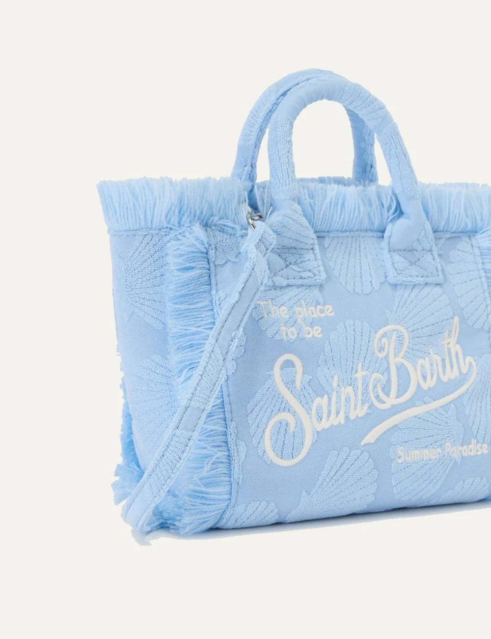 mc2 saint barth vanity mini terry shell bag light blue embroidered logo front detail view