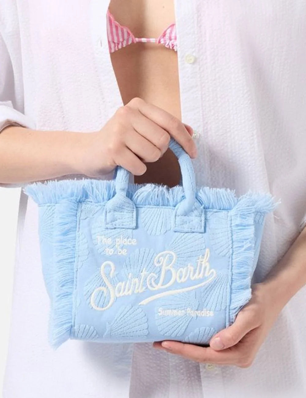 mc2 saint barth vanity mini terry shell bag light blue embroidered logo front model view