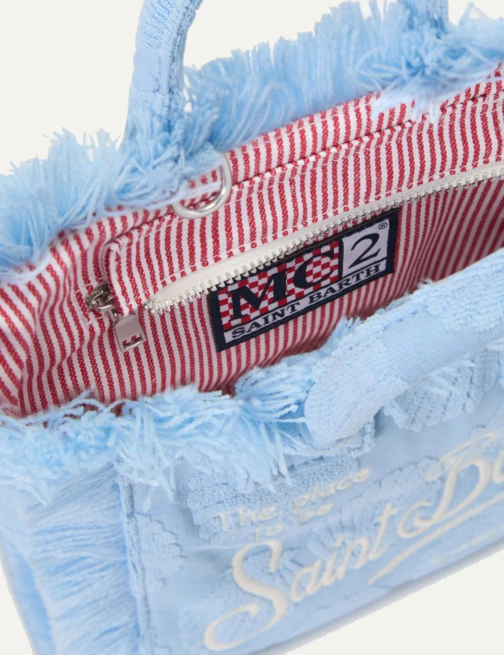 mc2 saint barth vanity mini terry shell bag light blue embroidered logo top view