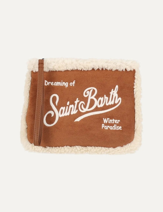 MC2 Saint Barth Aline brown faux suede pouch with cream faux shearling trim, white embroidered logo and brown wrist strap