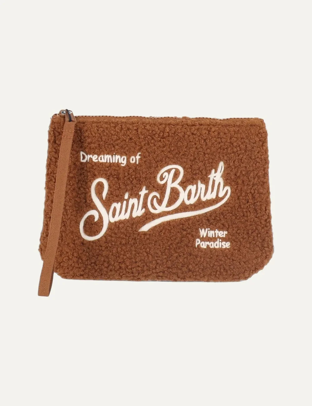 MC2 Saint Barth Aline brown teddy fleece pouch with white embroidered Saint Barth logo, top zip closure and matching wrist strap