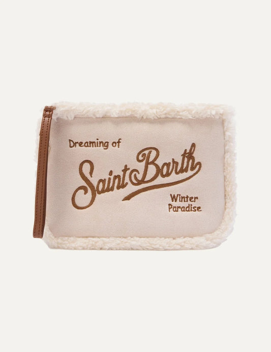 MC2 Saint Barth Aline off white faux shearling pouch with cream fluffy trim, brown embroidered logo and wrist strap