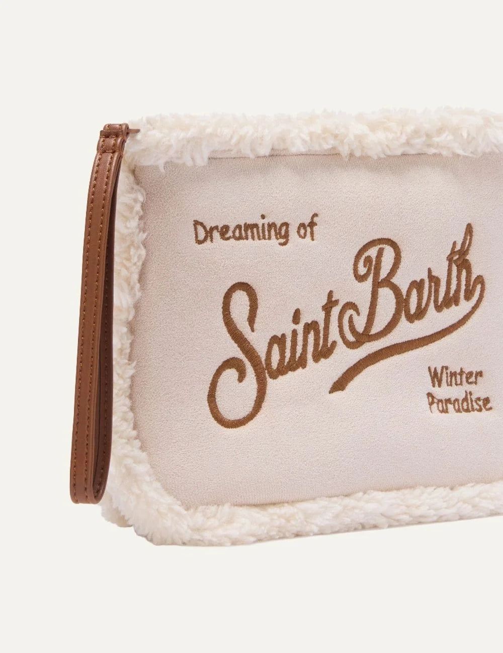 MC2 Saint Barth Aline off white faux shearling pouch with cream fluffy trim, brown embroidered logo and wrist strap detail
