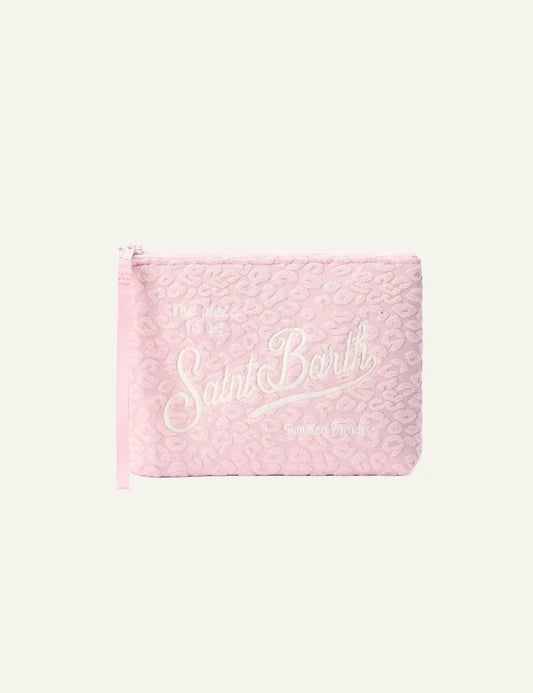 Mc2 Saint Barth Aline Pochette pink embossed leopard small pouch front view