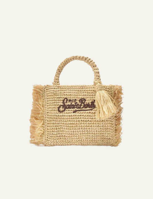 MC2 Saint Barth mini raffia tsanta beige me kentimeno logo kai tassel front view