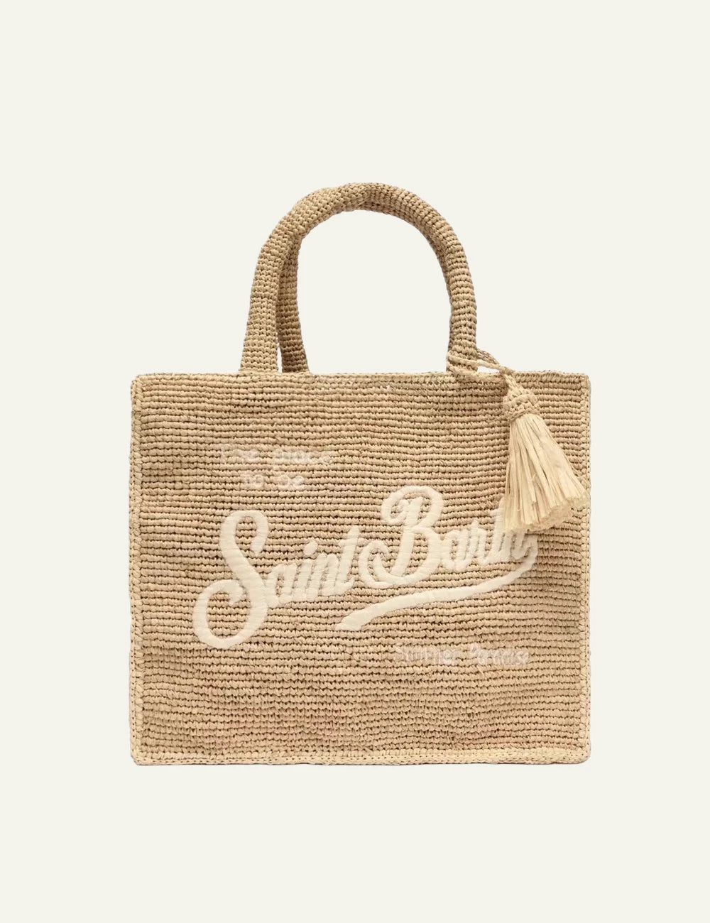 MC2 Saint Barth beige raffia tote bag with embroidered logo and tassel