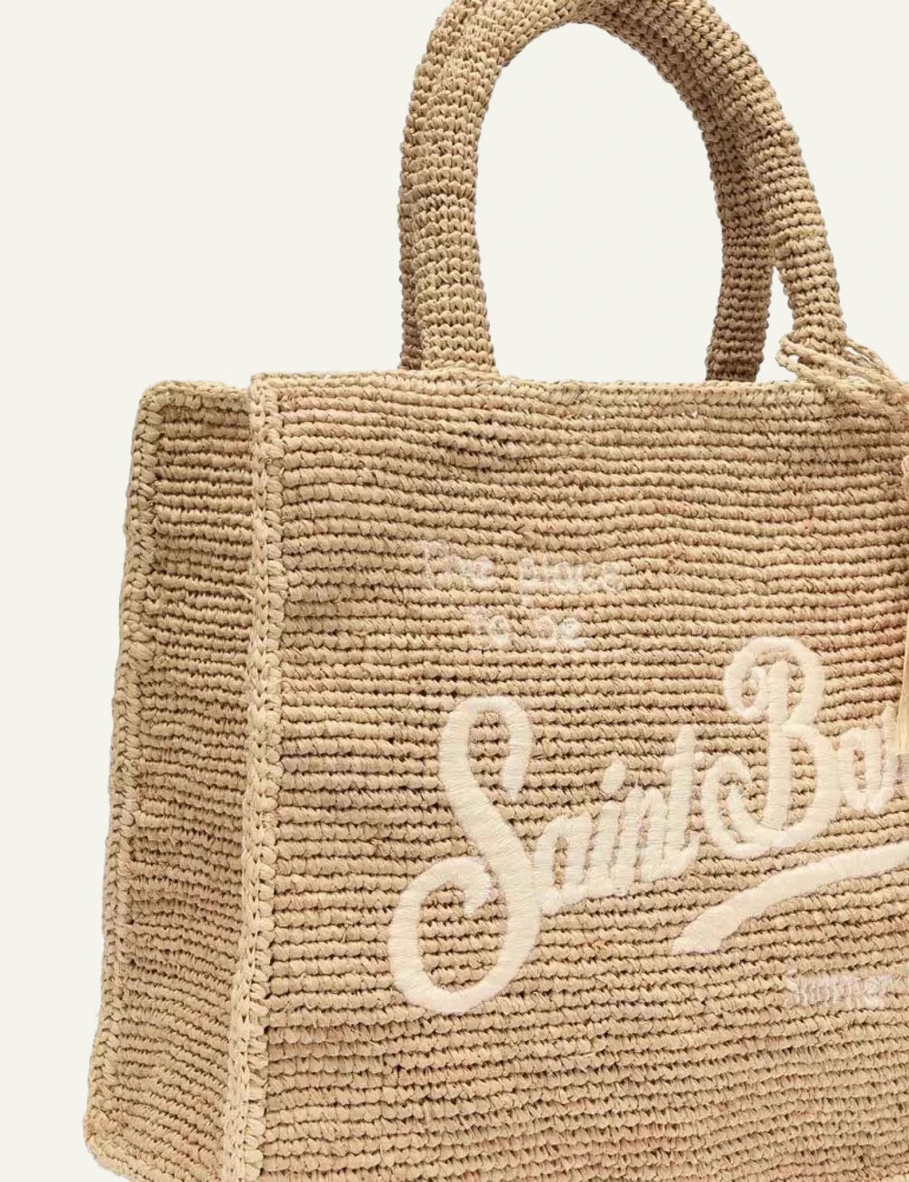 MC2 Saint Barth beige raffia tote bag with embroidered logo and tassel detail
